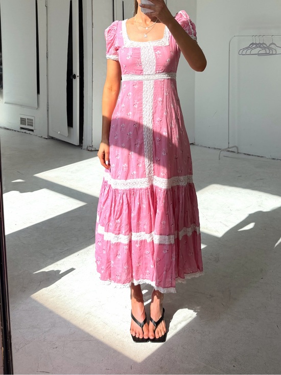 LoveShackFancy Dresses & Skirts - LoveShackFancy Pink & White Floral Ryan Lace Inset Ruffle Maxi Dress